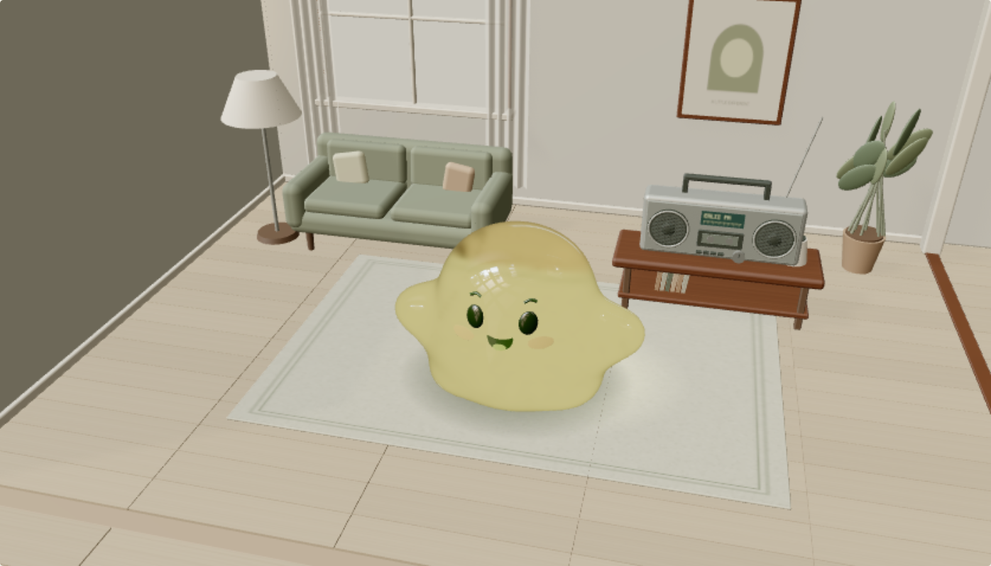 Erlii’s lemon jelly character at home in the sunlit listening room.